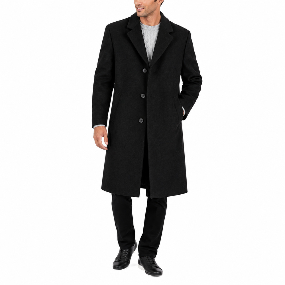Nautica Mens Trench Long Overcoat 44R Black 3 Button Single Breast Wool Cashmere